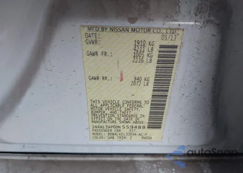 2013 Nissan Altima 2.5 Sl z USA, uszkodzony, nr VIN 1N4AL3AP0DN559488